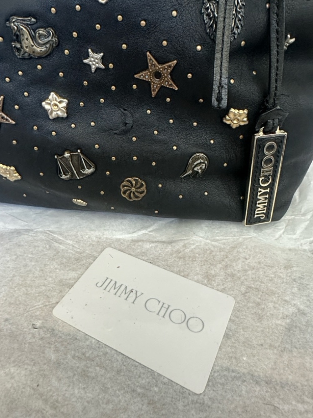 Y2K Authentic Jimmy Choo Vintage Leather Zodiac Tote Bag Black Stars Charm COA - Picture 2 of 14